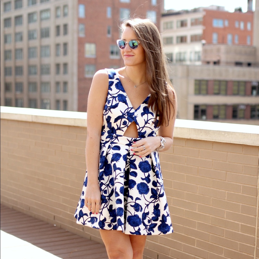 Topshop BLUE BLOOMS Fit & Flare Scuba Fabric Dress Size 6